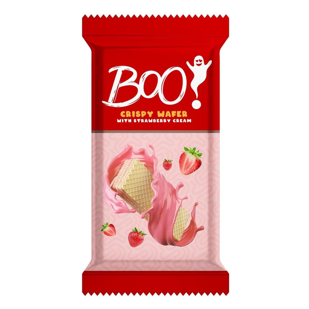 A red Boo! wafer wrapper with a pink panel, the wafer shown mid-splash of cream.