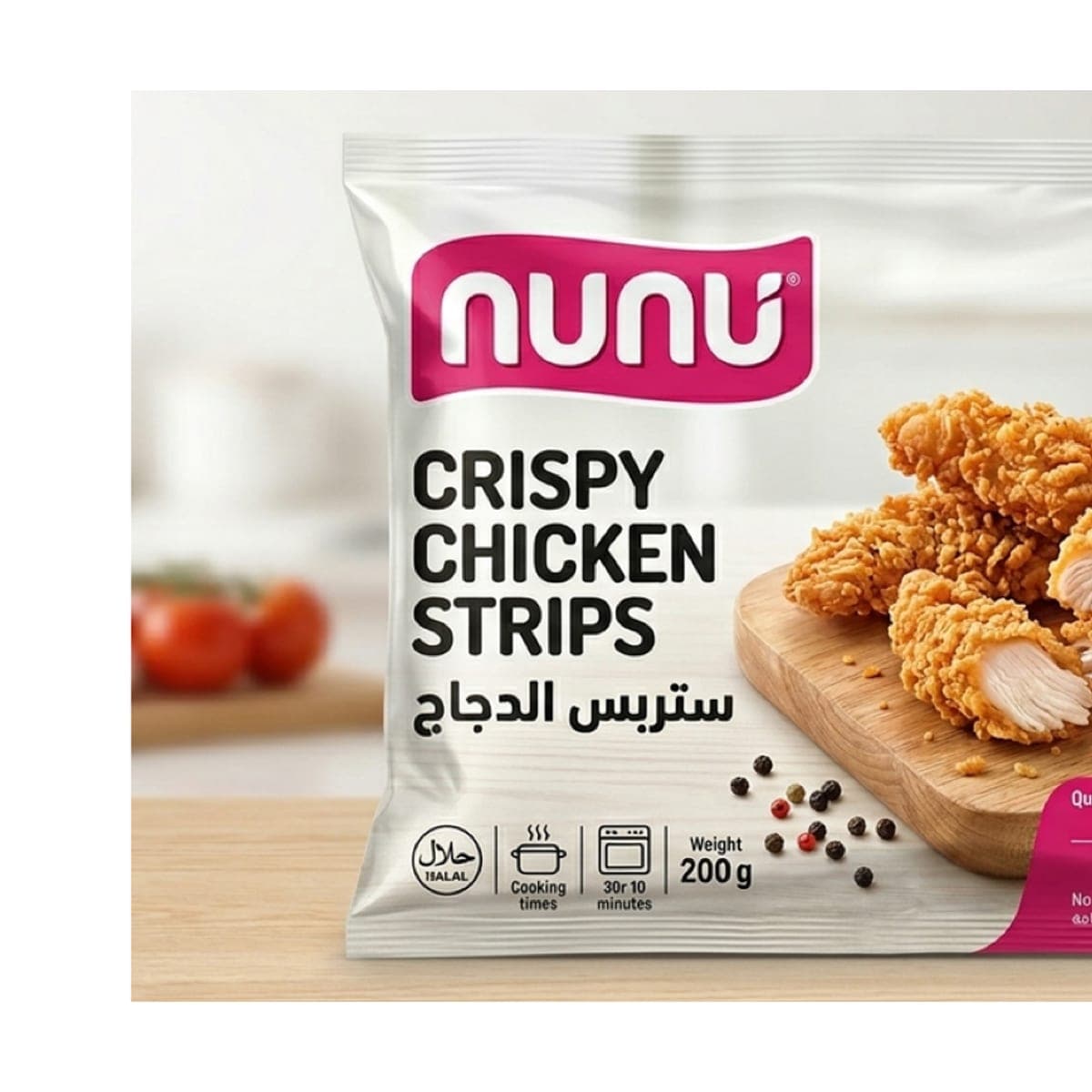A Nunu freezer bag of breaded chicken strips standing on a kitchen counter, shot from the front.