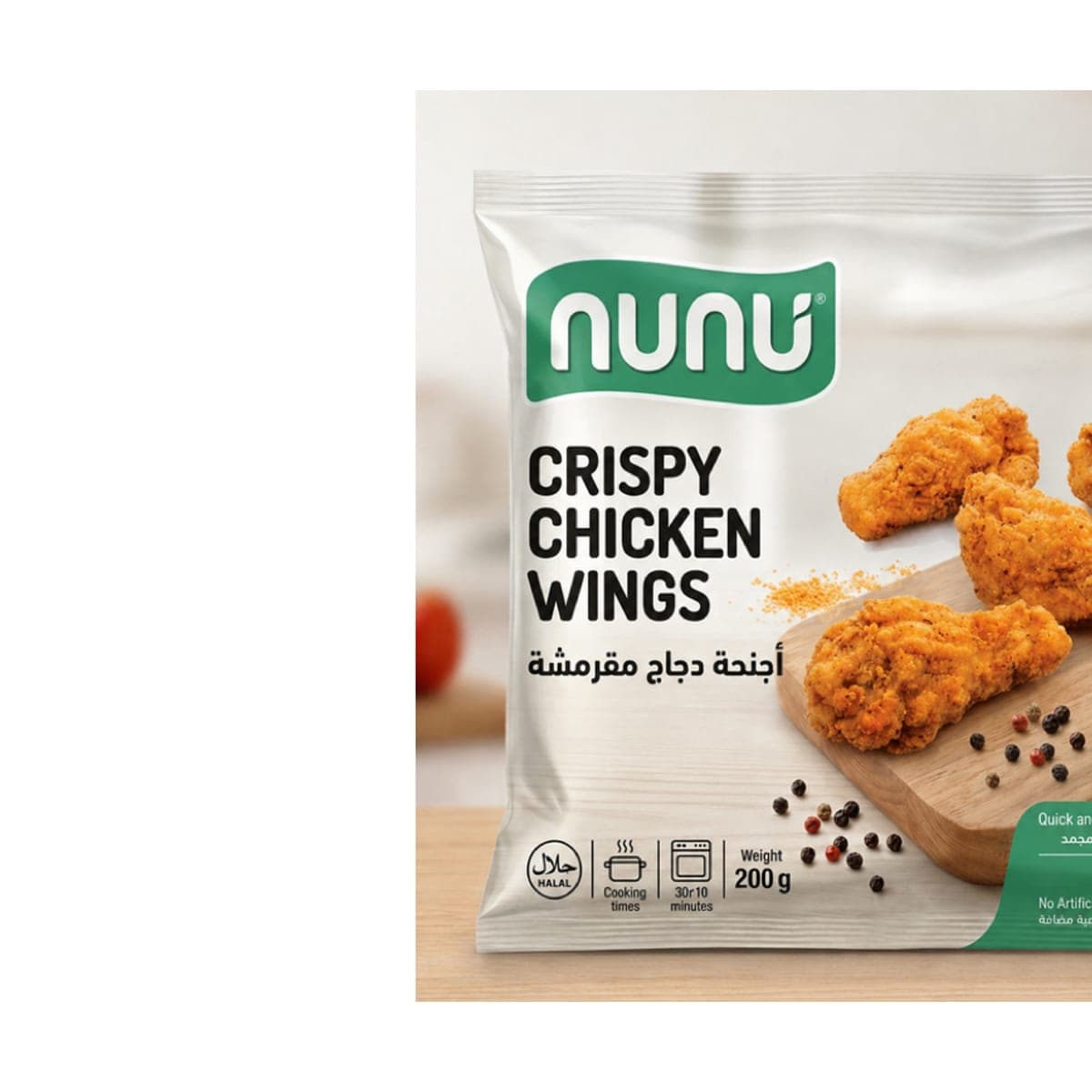 A Nunu freezer bag of breaded chicken wings standing on a kitchen counter, shot from the front.